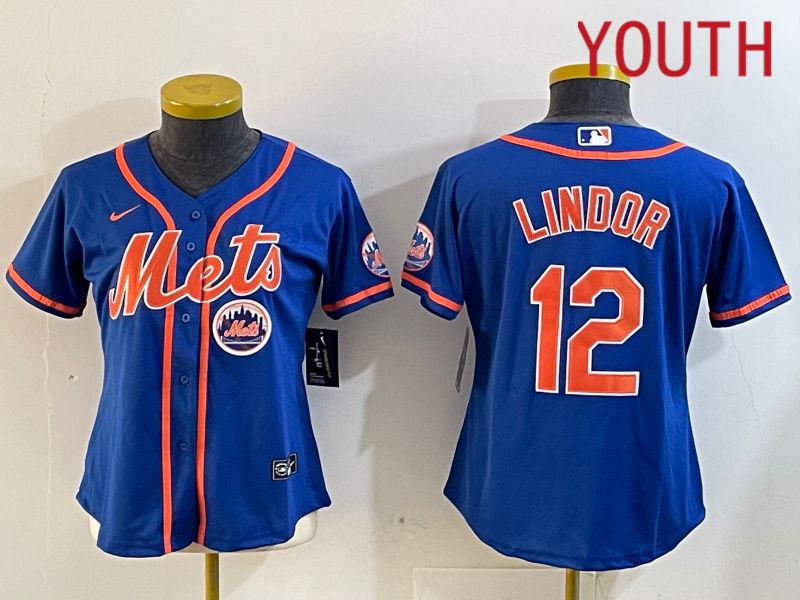 Youth New York Mets #12 Lindor Blue Game 2024 Nike MLB Jersey style 12183